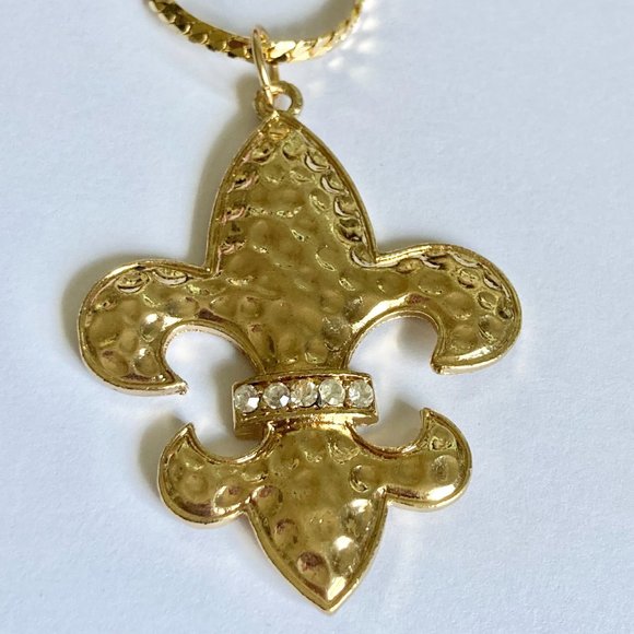 Vintage Fleur de Lis Pendant Necklace Gold Plated 24" BIG Statement Mardi Gras - Picture 5 of 12